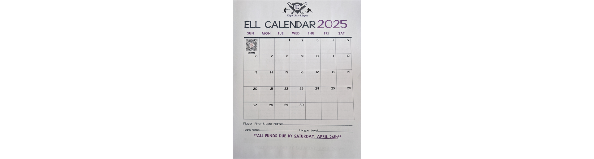 Elgin Little League Calendar Fundraiser